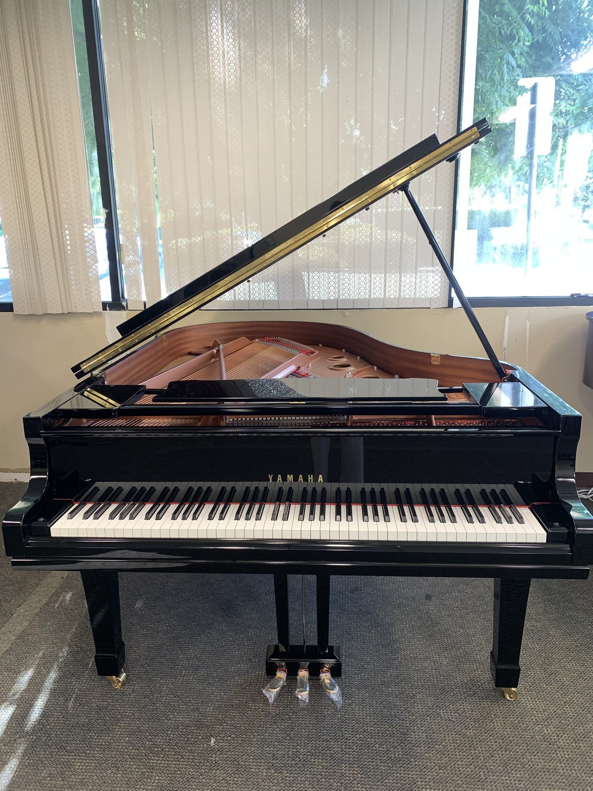 Yamaha C3 grand piano, polished ebony, lid open, in the CholeZ Piano showroom