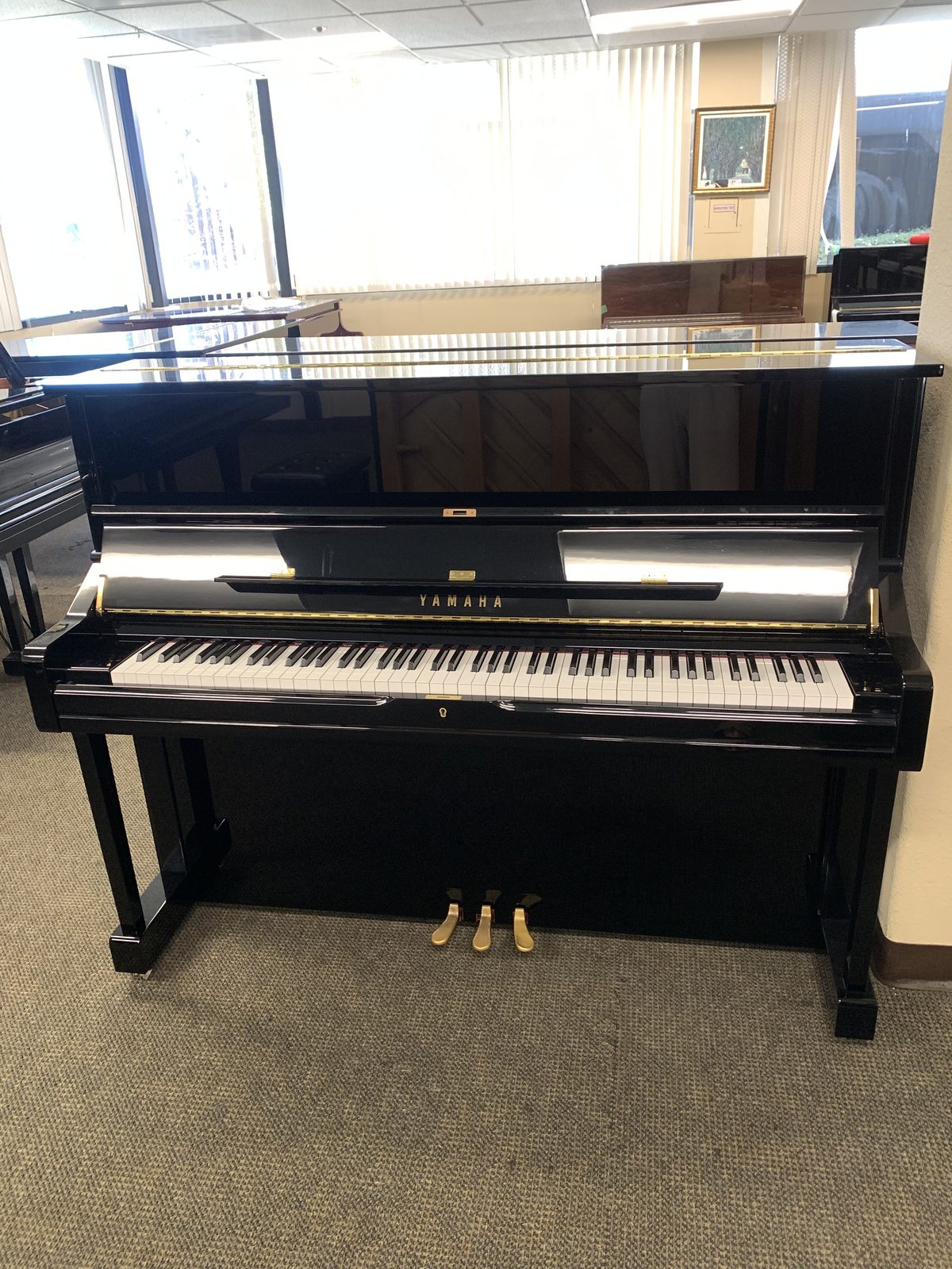 Yamaha U1 upright piano, polished ebony, in the CholeZ Piano showroom