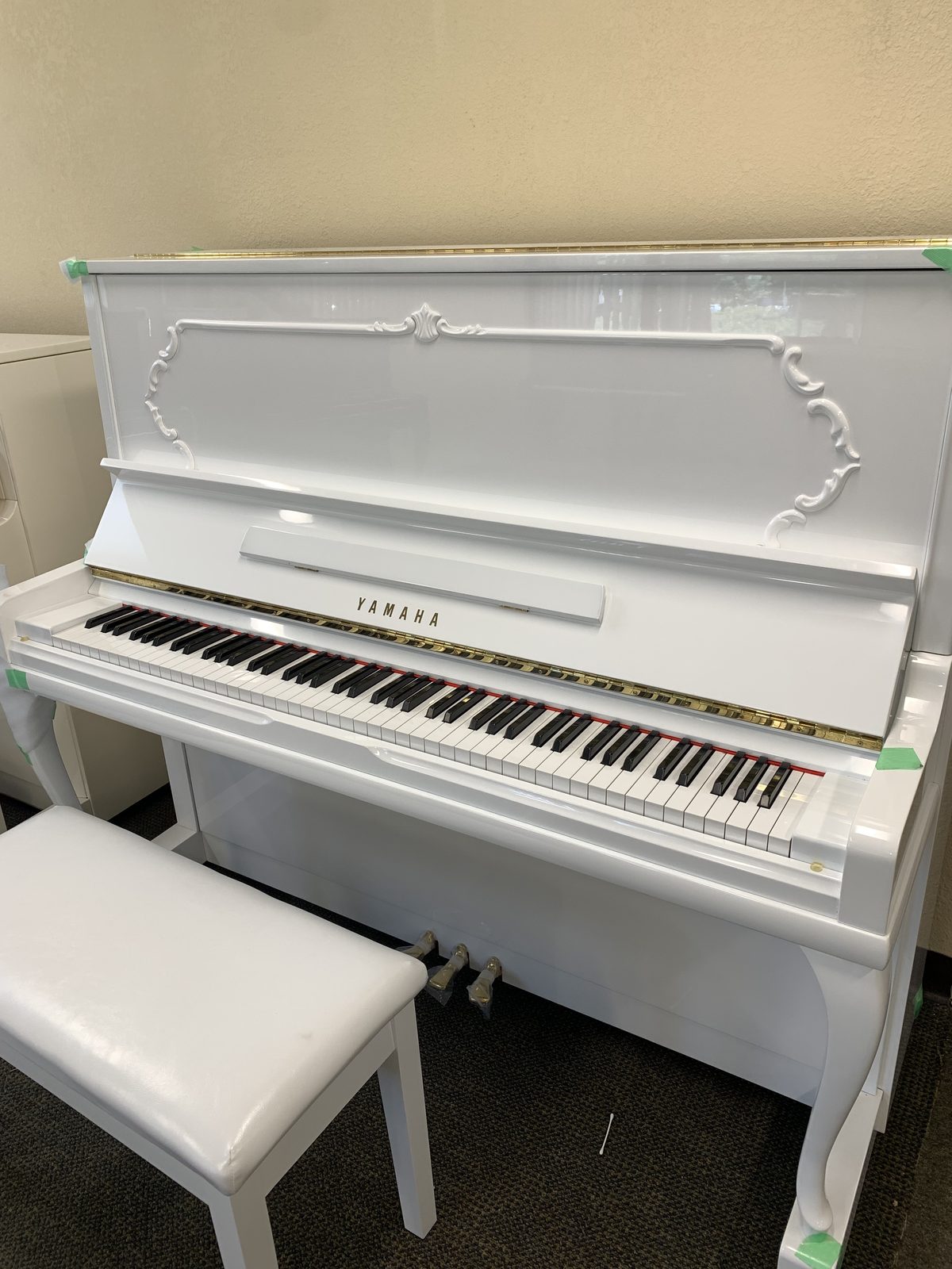 Yamaha W3AMhC white French-style upright piano with bench